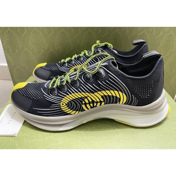 Gucci GUCCI RUN Rubber x fabric Sneakers 35 Black Yellow Interlock Size 11.5 - Picture 1 of 8